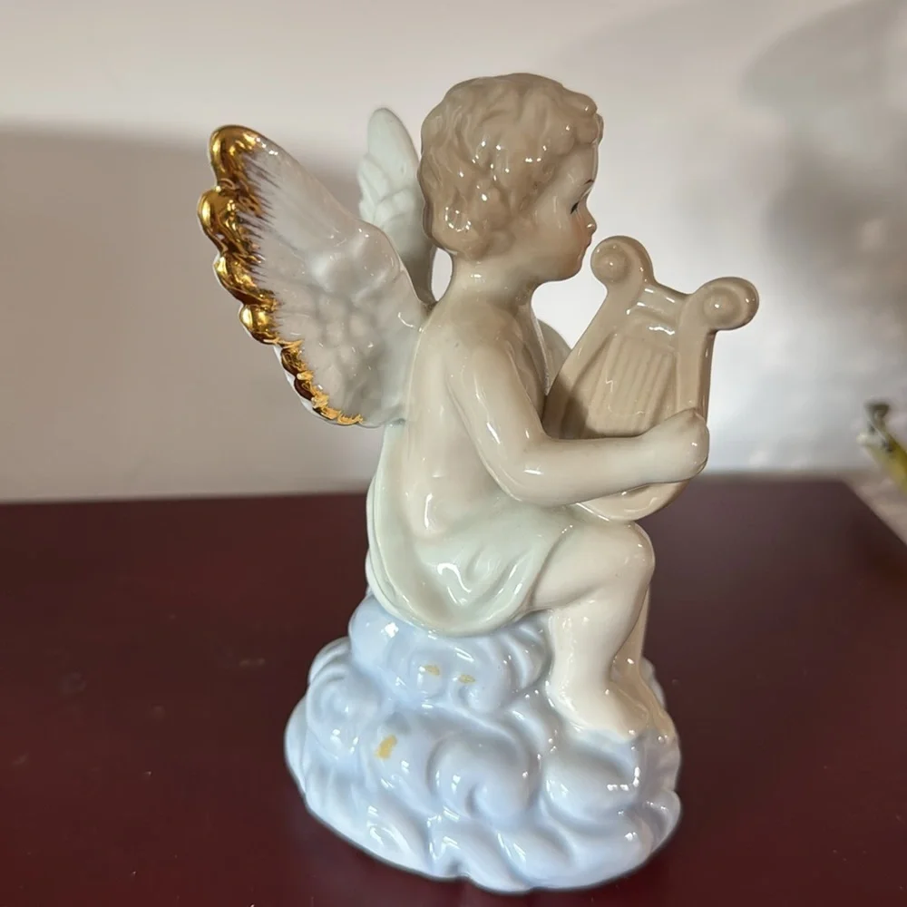 Vintage Cherub Figurine angel playing a harp